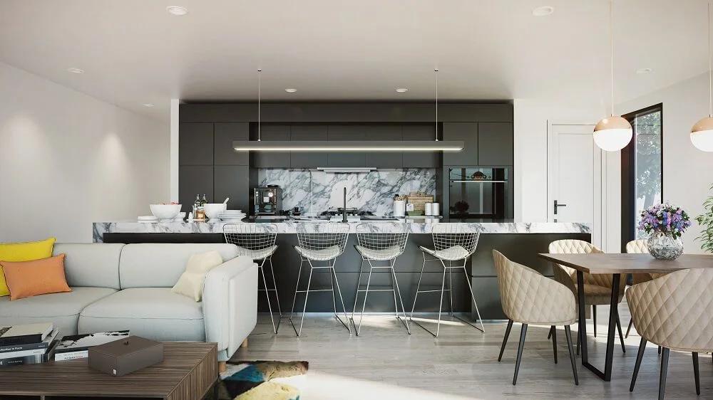 Modern kitchen with marble backsplash and sleek black cabinets.