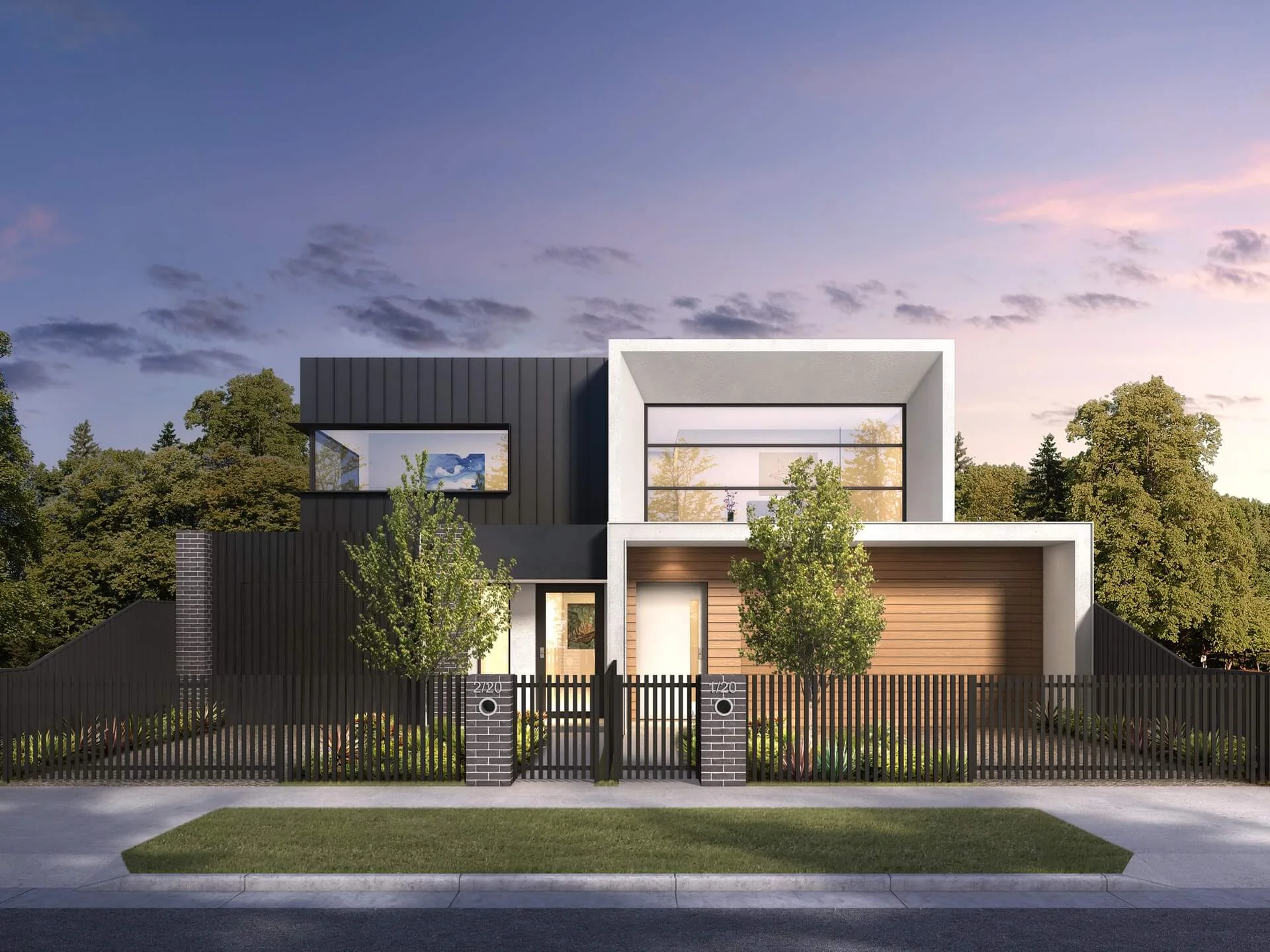 Modern two-story house with large windows and a sleek design at sunset.