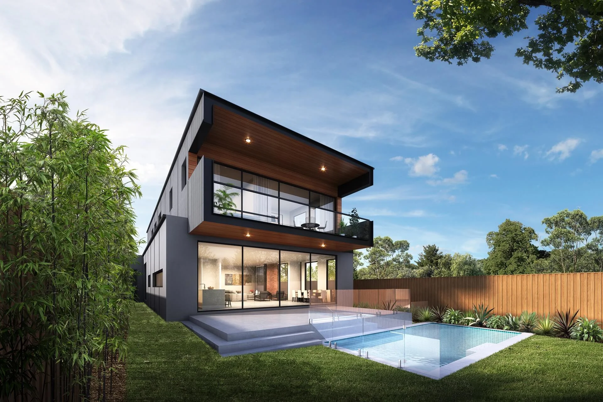 Modern two-story house with large windows and wooden accents under a clear sky.