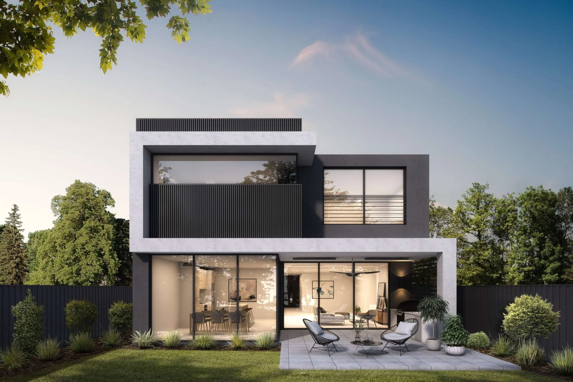 Modern two-story house with large windows and outdoor seating.