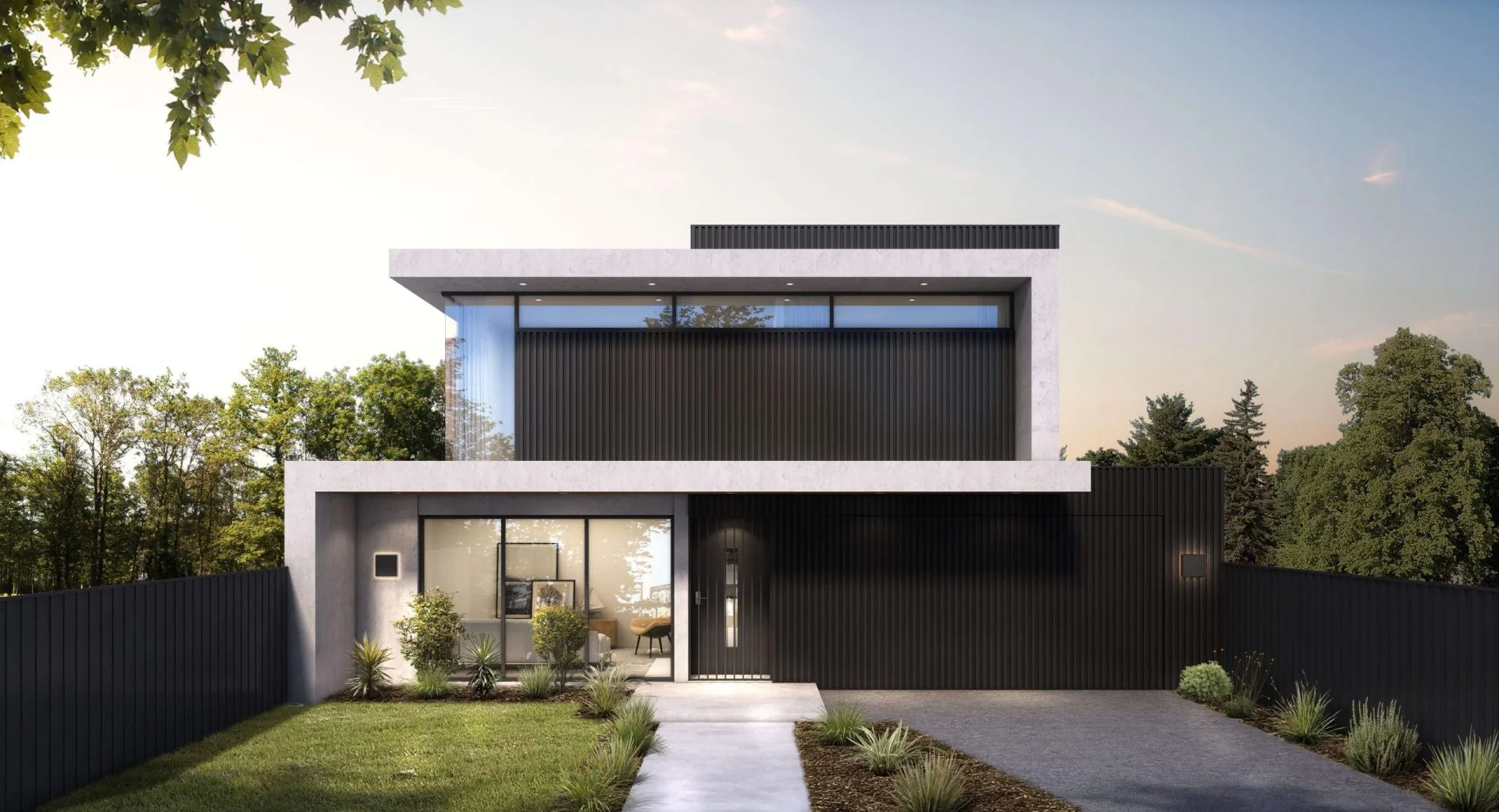 Modern two-story house with large windows and a minimalist black-and-white design.